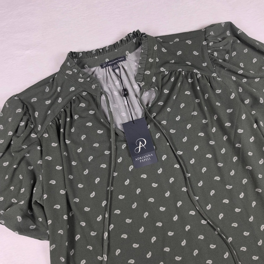 Adrianna Papell Olive Paisley Ruffle Tie Neck Knit Top AD1S302520 Mens Size M